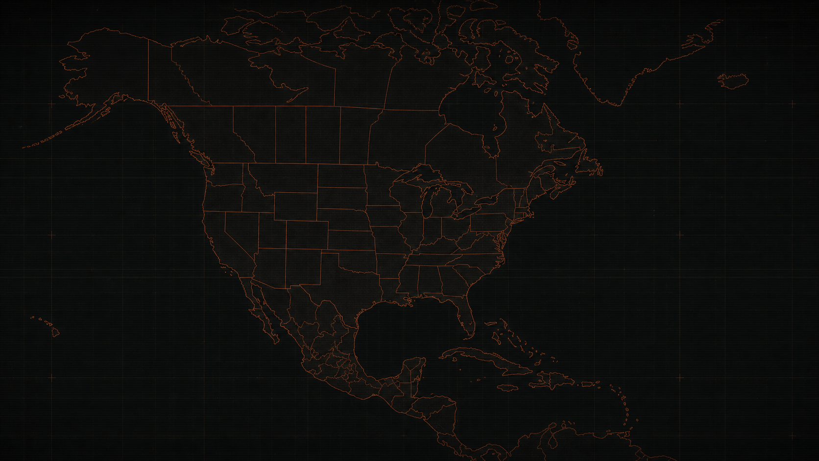 Simplified rust-toned dashboard map with the United States centered and nearby regions visible.